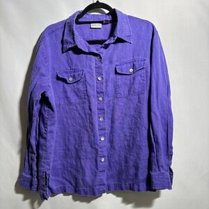 VTG 90s Chicos Purple Linen Button Up Top Long‎ Sleeve Womens L Beach Lagenlook
